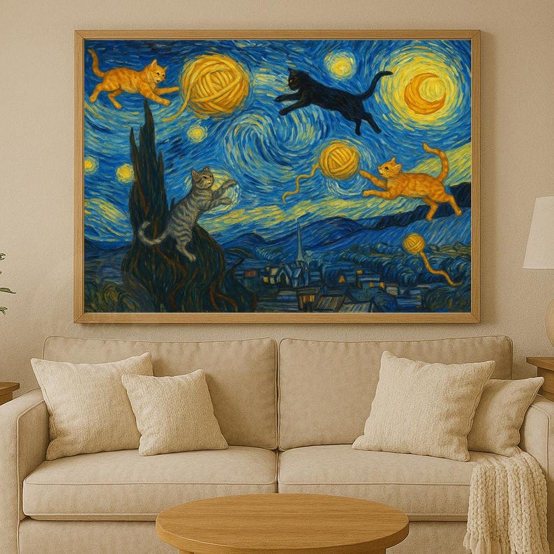 May include: A framed print of a painting depicting cats in a starry night scene. The artwork features orange, black, and gray cats interacting with yellow yarn balls against a swirling blue and yellow background. The print is in a wooden frame.