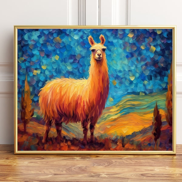 Llama Painting in the Style of Vincent Van Gogh, Poster Print, Wall Art Décor