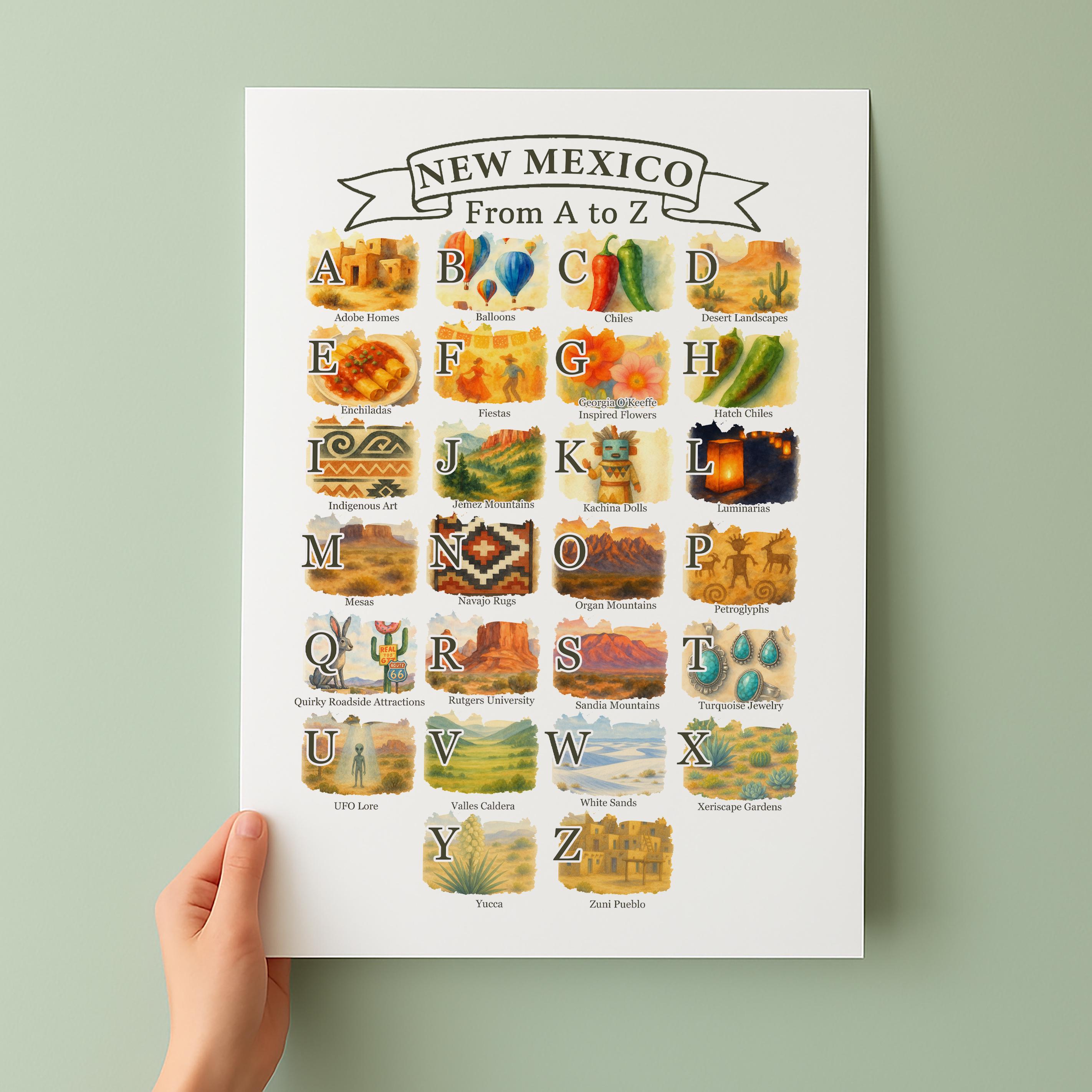 New Mexico A-Z Alphabet Poster, State Symbols & Icons, Travel Art