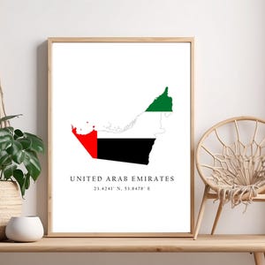 UAE Map Poster Print: United Arab Emirates Flag, Coordinates