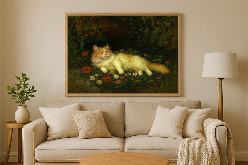 Puede incluir: Impresi&oacute;n enmarcada de una pintura que representa un gato naranja y blanco descansando entre flores coloridas. La obra de arte tiene una est&eacute;tica vintage, con un entorno natural al aire libre.