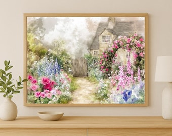 Watercolor Cottage Garden Poster Print, Countryside Floral Landscape Decor