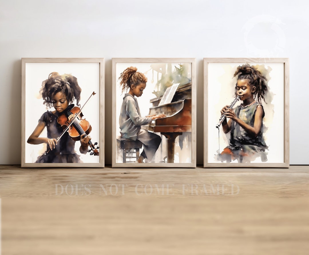 Black African American Girl Playing Musical Instruments, Set of 3