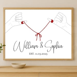 May include: A framed print featuring two hands with red string tied around the pinky fingers, connected by a red string and bow. The names "William & Sophia" are written in cursive, with the date "EST. 11.03.2025" below.
