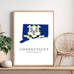 Connecticut Map Print, Connecticut Latitude Longitude Coordinates, Connecticut Flag, Poster Print, Wall Art Home Décor