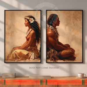May include: Two framed art prints. One depicts a woman in profile, adorned with flowers and leis. The other shows a man in profile, wearing a traditional garment. Both are seated. The background is a warm, neutral tone. The text "DOES NOT COME FRAMED" is at the bottom.