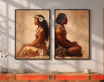 May include: Two framed art prints. One depicts a woman in profile, adorned with flowers and leis. The other shows a man in profile, wearing a traditional garment. Both are seated. The background is a warm, neutral tone. The text "DOES NOT COME FRAMED" is at the bottom.