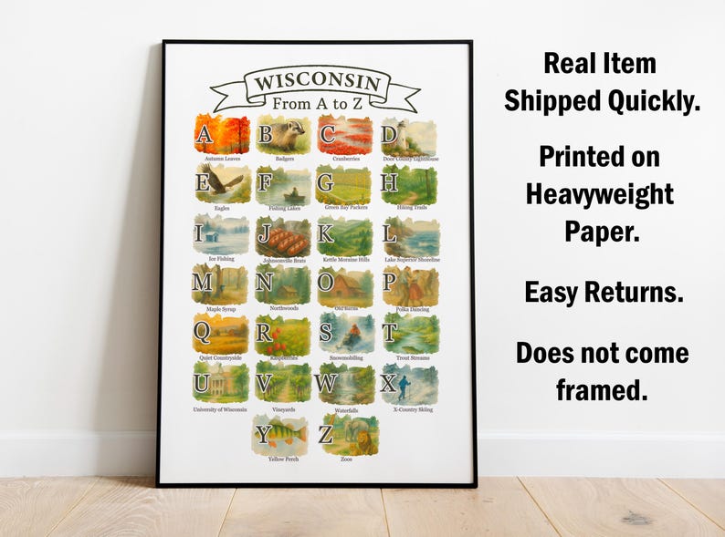 Wisconsin A-Z Alphabet Poster, State Symbols & Icons, Travel Art, Wall ...