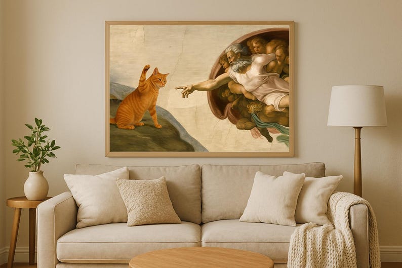 Michelangelo Parody, Humorous Renaissance Meme, Funny Cat Poster Print image 2