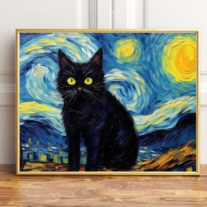 Black Cat and the Starry Night Sky, Poster Print, Wall Art Décor