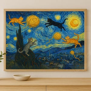 May include: A framed art print depicting a whimsical scene inspired by Van Gogh's "Starry Night." The artwork features cats playing with yarn balls under a swirling, starry sky. The color palette includes blues, yellows, and oranges.