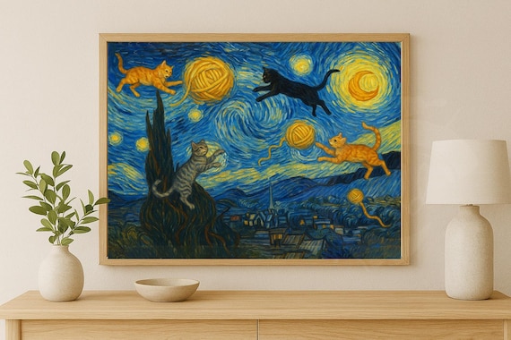 Funny Starry Night Cats Poster Print: S2, Van Gogh Parody - Humorous Renaissance Meme