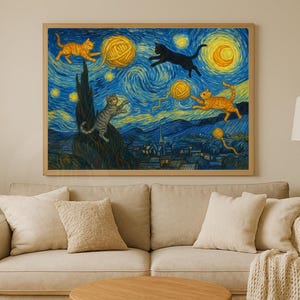 May include: A framed print of a whimsical artwork depicting cats playing with yarn balls against a starry night sky. The painting is in the style of Van Gogh's "Starry Night", with swirling blue and yellow hues.
