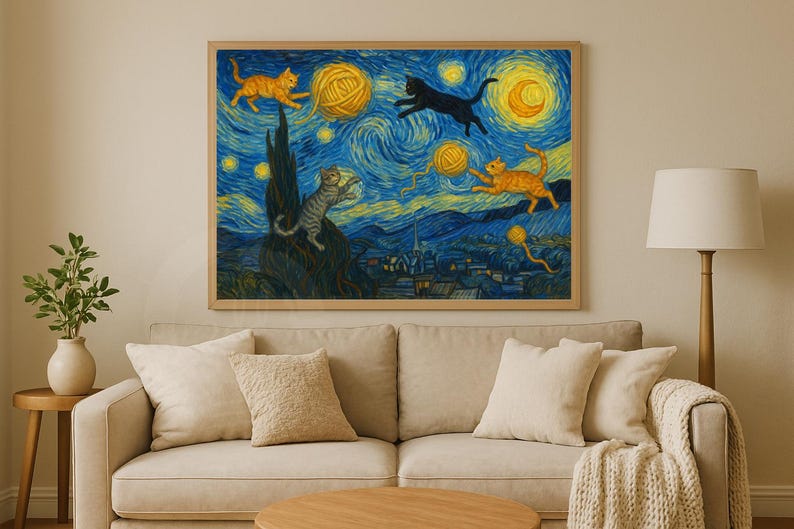 May include: A framed print of a whimsical artwork depicting cats playing with yarn balls against a starry night sky. The painting is in the style of Van Gogh's "Starry Night", with swirling blue and yellow hues.