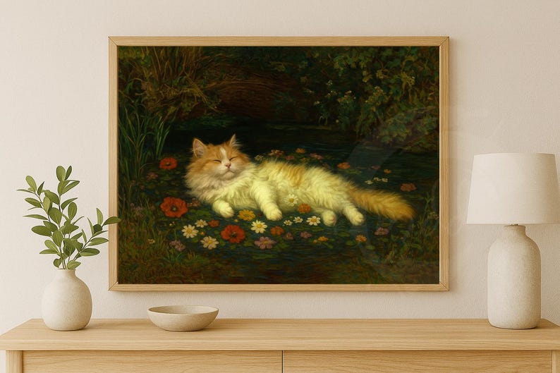 Puede incluir: Impresi&oacute;n enmarcada de una pintura que representa un gato naranja y blanco acostado entre flores. El gato est&aacute; en un jard&iacute;n con follaje verde y flores rojas y blancas. La obra de arte tiene una est&eacute;tica vintage.