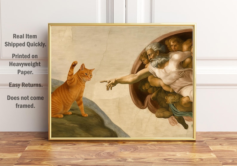 Michelangelo Parody, Humorous Renaissance Meme, Funny Cat Poster Print image 4