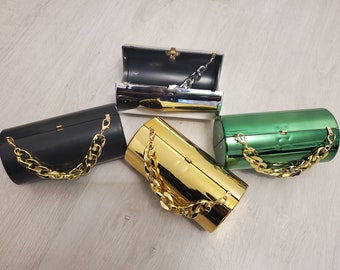 Women's classic Elegant Evening Acrylic Cylinder Crossbody bags with removeable Gold metal Chain.