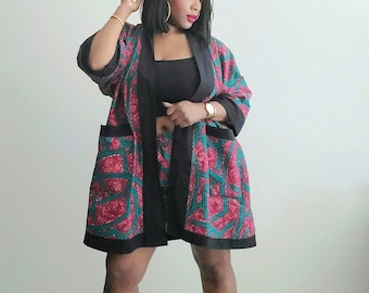 Women's African print, Ankara Kimono with Black Trim, Women's beachwear cover up, Women's Ankara Kaftan.