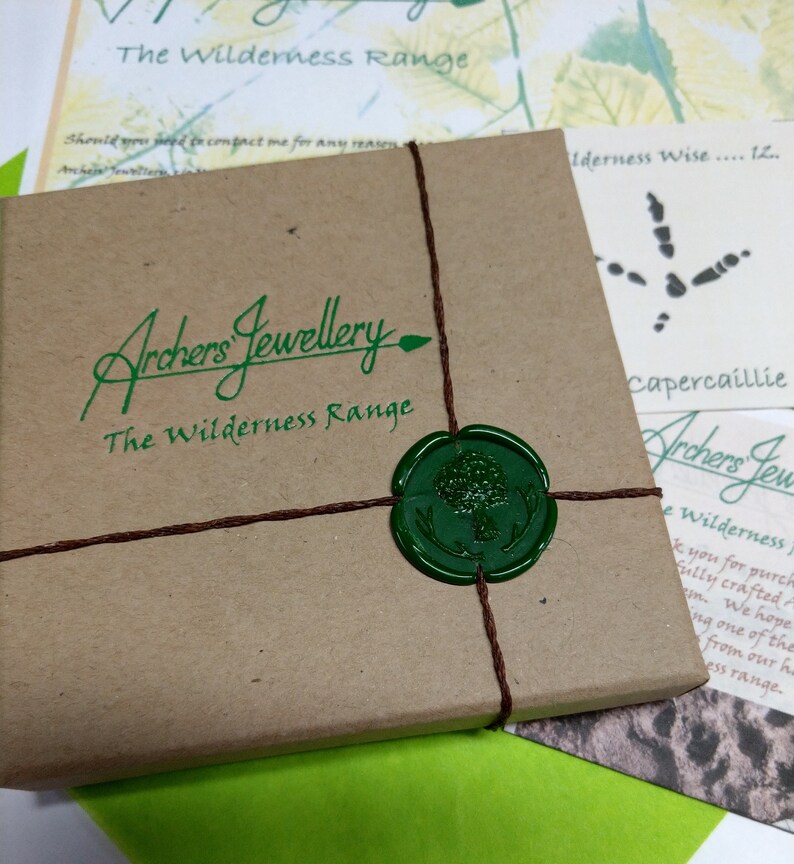 Pode incluir: Uma caixa de papel castanho com um selo de cera verde e corda. A caixa est&aacute; etiquetada "Archers' Jewellery The Wilderness Range".