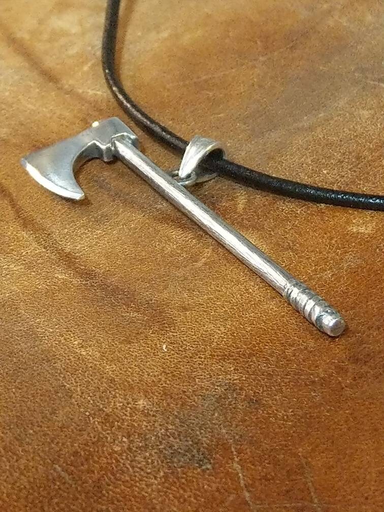 Oxidized Sterling Silver Viking Bearded Axe Pendant: Leather Necklace