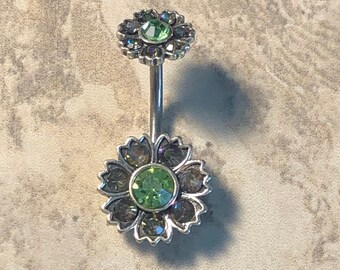 Green Gem Double Matching Flower Steel Belly Button Ring Navel Body Piercing Jewelry