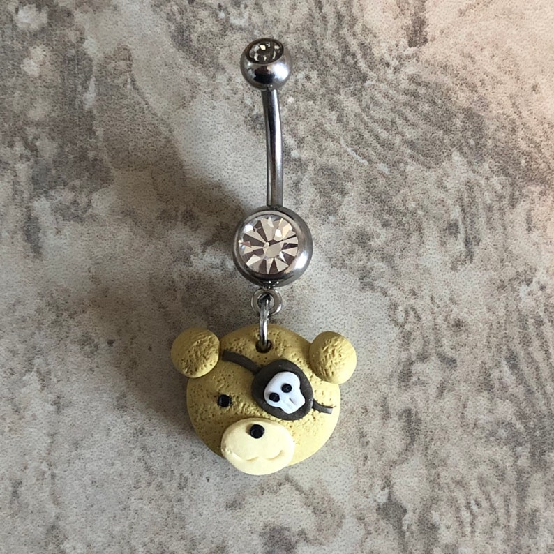 Clear Double Gem Brown Hardened Clay Pirate Skull Eye Patch Bear Dangle Belly Button Ring Navel Body Piercing Jewelry