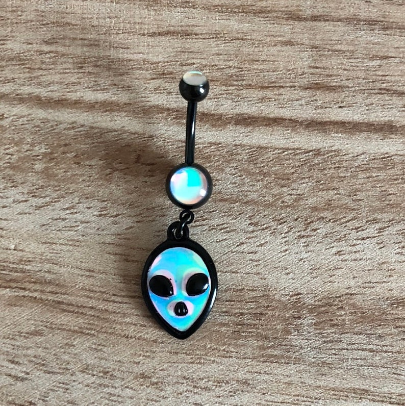 Shinning Smooth Iridescent Gem with Dangling Iridescent Alien Head Black Belly Button Ring Navel Body Piercing Jewelry