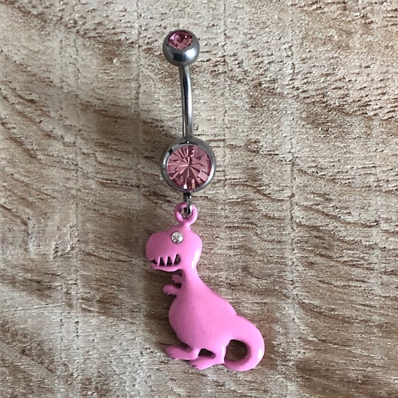 Pink Double Gem Pink T rex Dinosaur Dangle Belly Button Ring Navel