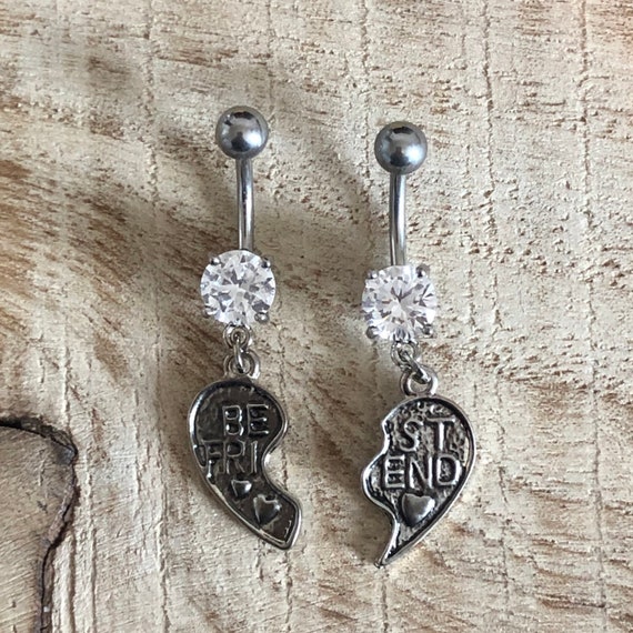 SET TWO Clear Prong Set Gem With Best Friend Heart Dangle Belly