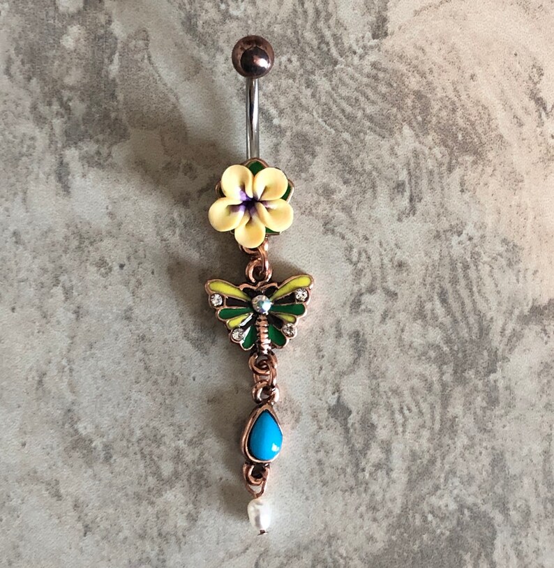 Antique Finish Yellow Clay Flower with Blue Butterfly Aurora Borealis Gems and Bead Dangle Belly Button Ring Navel Body Piercing Jewelry