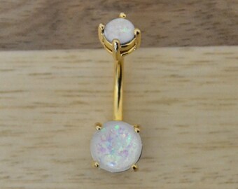 Blanco Simulado Ópalo Forma Redonda Juego de Doble Punta Chapado en Oro Anillo ombligo Ombligo Corporal Piercing Joyería