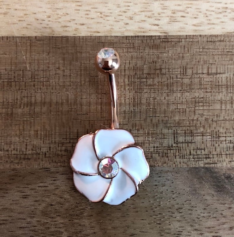 Aurora Borealis Rainbow Gem White Hibiscus Flower Rose Gold Plated Belly Button Ring Navel Body Piercing Jewelry