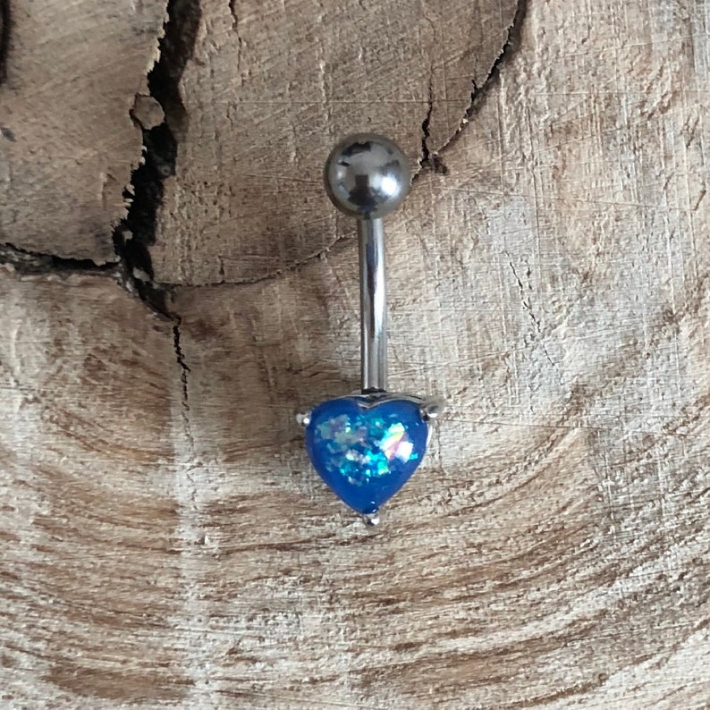 Blue Simulated Opal Heart Shape Prong Belly Button Ring Navel Body Piercing Jewelry
