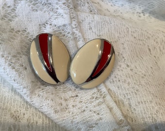 Red and Cream Enamel Oval Clip On Earrings