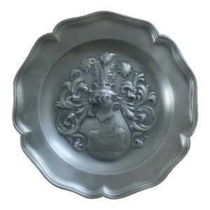Vintage European Pewter Wall Plate With Coat of Arms
