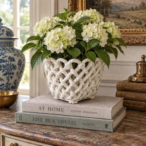 Peut inclure: Un cache-pot en céramique blanche au motif de treillis en forme de corde contient un bouquet luxuriant d'hortensias couleur crème avec des feuilles vertes. Le pot repose sur deux livres reliés empilés intitulés At Home et Live Beautifully.