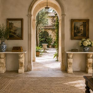 Par de consolas neoclásicas de travertino, bases con figuras mitológicas aladas, consolas de piedra estilo Hollywood Regency, mesas de entrada italianas.