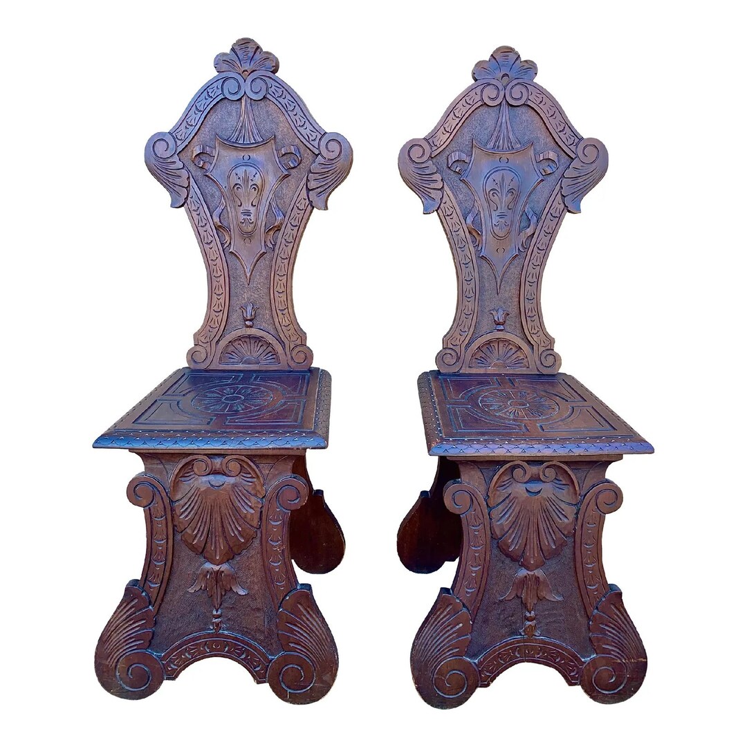 Antique 19th Century Italian Renaissance Hand Carved Walnut Hall Chairs,  Pair - Etsy, image size:1080x1080