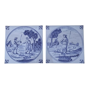 Antique Dutch Delft Style Craftsmen Blue and White Tiles, Pair
