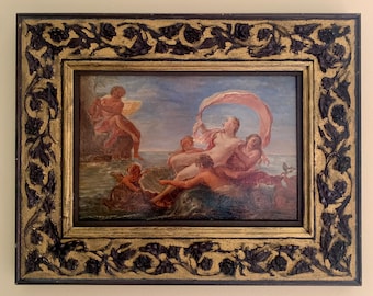 Antyczny alegoryczny obraz mitologiczny olejny przedstawiający Polifema i Galateę autorstwa Filippo Lauriego, XIX w.