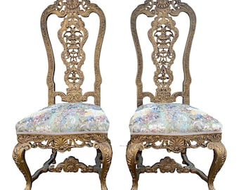 19th Century Antique Venetian Carved Gold Giltwood Throne Chairs, Pair