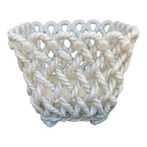 French Country White Ceramic Woven Rope Cachepot Basket