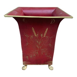 French Provincial Tole Burgundy & Gold Wastepaper Basket with Paw Feet