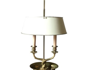 Antique Neoclassical Double Dolphin Brass Bouillotte Lamp With Tole Shade