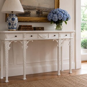 Maitland-Smith White Lacquered Chippendale Console Table, Carved Mahogany Sideboard, English Traditional Entry Table with Drawers