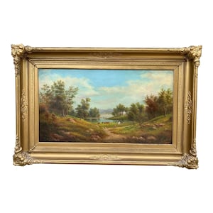 Antikes handgemaltes gerahmtes Öl auf Leinwand Landschaftsgemälde, Mitte des 19.Jahrhunderts