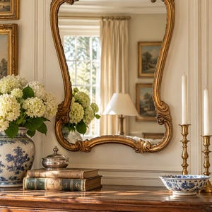 Specchio da parete vintage francese in stile rococò con decorazioni dorate, specchio con stemma a conchiglia dorata, arredamento provenzale francese, specchio per casa di campagna inglese.