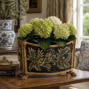 Vintage John Richard Black Gold Cachepot Planter, Neoclassical Lion Head Jardiniere with Paw Feet, French Country Floral Decor