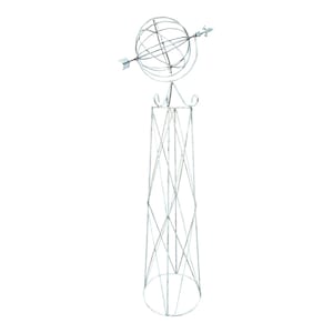 May include: A white metal garden obelisk with a decorative globe and arrow on top. The obelisk is made of a lattice design and has a circular base.