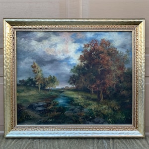 Antique Hand Painted Framed Oil on Canvas Landscape Painting, Early 20th Century